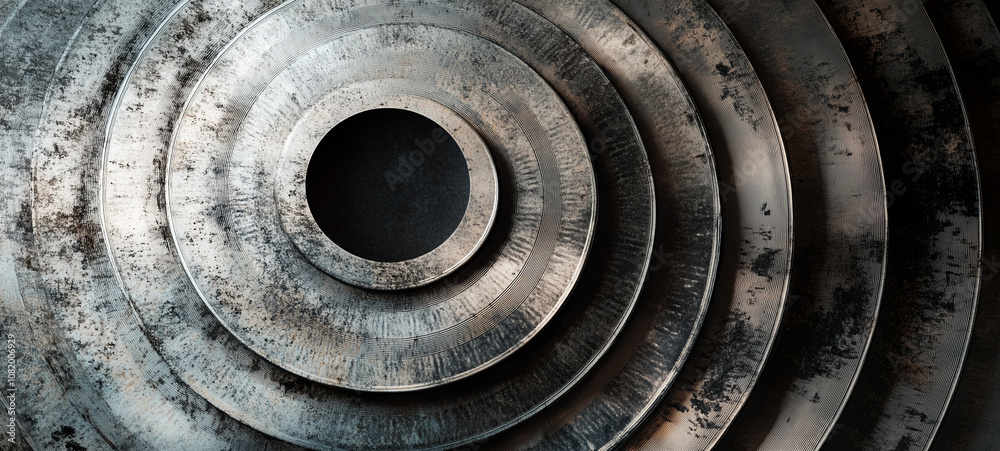 A series of concentric circles made from rough metal, each one smaller than the last A series of concentric circles made from rough metal, each one smaller than the last