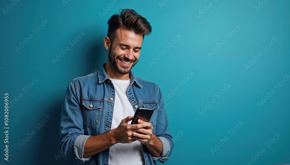 Young man smiling at his smartphone, enjoying a message, dressed casually in a denim jacket against a vibrant blue background Young man smiling at his smartphone, enjoying a message, dressed casually in a denim jacket against a vibrant blue background