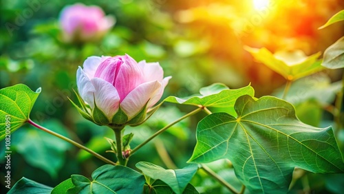 Close-up of Levant Cotton Flower on Gossypium Herbaceum tree with pink petals and green leaves photo