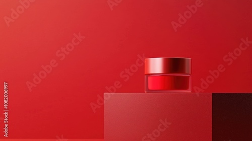 Elegantly styled red skincare container on a minimalistic red background, perfect for beauty product promotions.