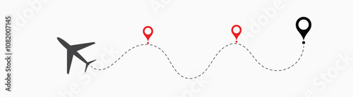 airplane travel straight and dotted path and location pin icon. start point and dash line trace for plane isolated vector illustration EPS 10 