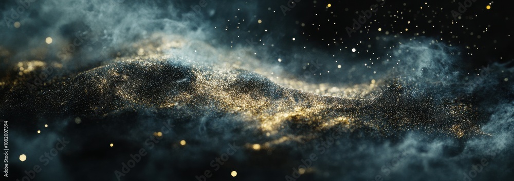 Obraz premium Stunning cosmic background featuring shimmering golden dust and ethereal clouds, creating a mesmerizing atmosphere of the universe in a digital art representation.