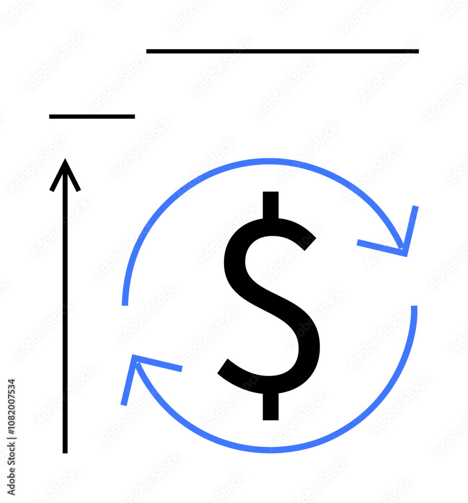 Dollar sign surrounded by blue circular arrows black upward arrow, horizontal lines representing growth, progress, money. Ideal for finance, economy, business strategies, investment, currency Dollar sign surrounded by blue circular arrows black upward arrow, horizontal lines representing growth, progress, money. Ideal for finance, economy, business strategies, investment, currency