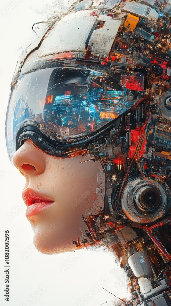 Fototapeta premium Futuristic portrait of a cybernetic woman, blending technology and humanity with vibrant colors and intricate details.