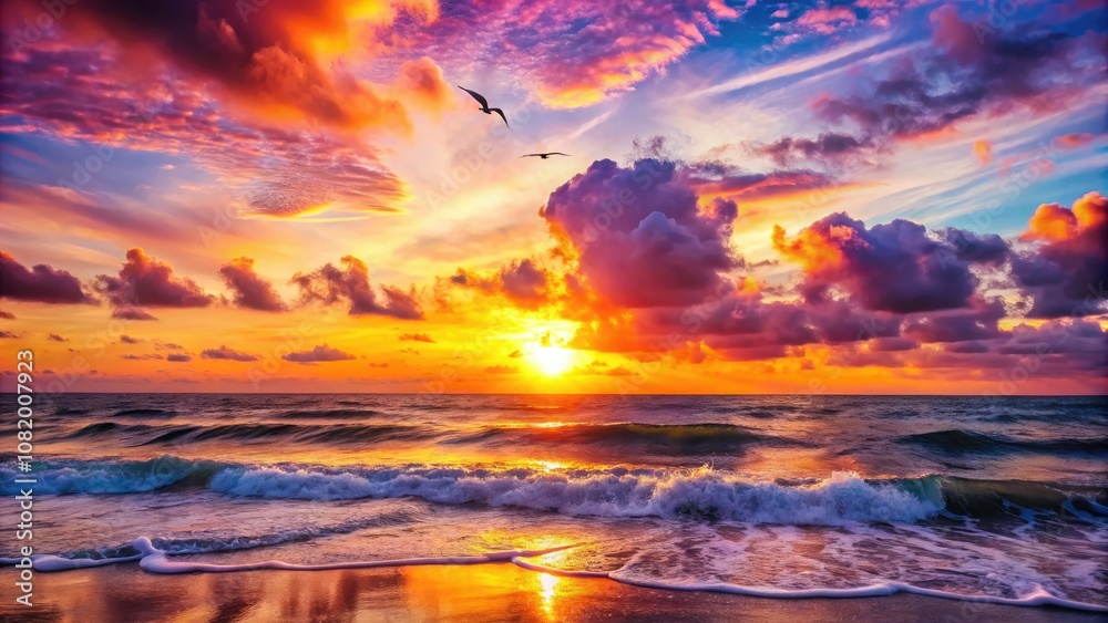 Mesmerizing sunset over the ocean, with a beautiful bokeh effect. The serene hues of dusk create a tranquil atmosphere, perfect for relaxation and reflection.