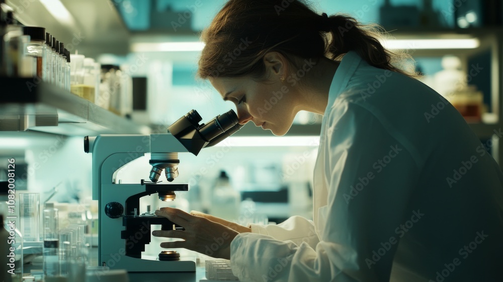 Dedicated Scientist Observes Through Microscope
