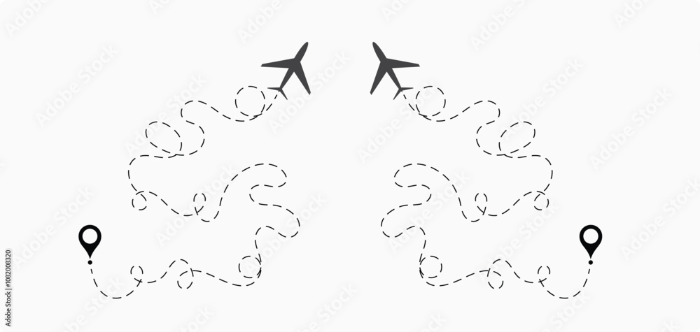 Airplane line path icon. Vector illustration of air plane flight route with the point of location line trace. aircraft location tracking in a dotted path vector illustration 7 Airplane line path icon. Vector illustration of air plane flight route with the point of location line trace. aircraft location tracking in a dotted path vector illustration 7