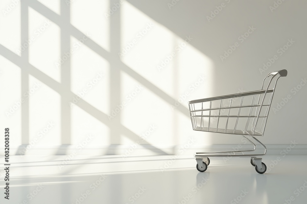 Modern Shopping Cart Positioned in a Minimalist Space with Soft Shadows from Natural Light, Evoking a Sense of Calm and Simplicity in Consumerism Modern Shopping Cart Positioned in a Minimalist Space with Soft Shadows from Natural Light, Evoking a Sense of Calm and Simplicity in Consumerism