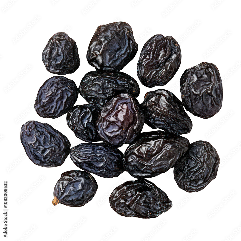 Dried prunes pile top view isolated on transparent background Dried prunes pile top view isolated on transparent background