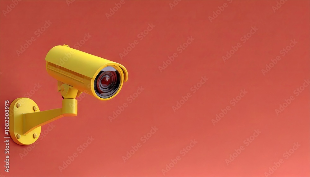 A vibrant yellow security camera mounted on a bright orange wall, highlighting modern surveillance technology in a minimalist design. A vibrant yellow security camera mounted on a bright orange wall, highlighting modern surveillance technology in a minimalist design.