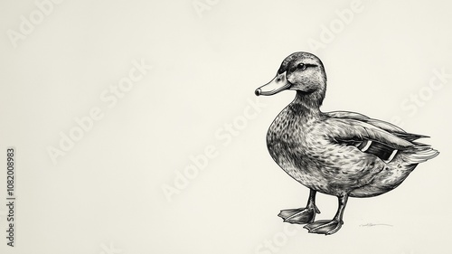 A black and white drawing of a duck, illustrated with detailed line work on a plain white canvas