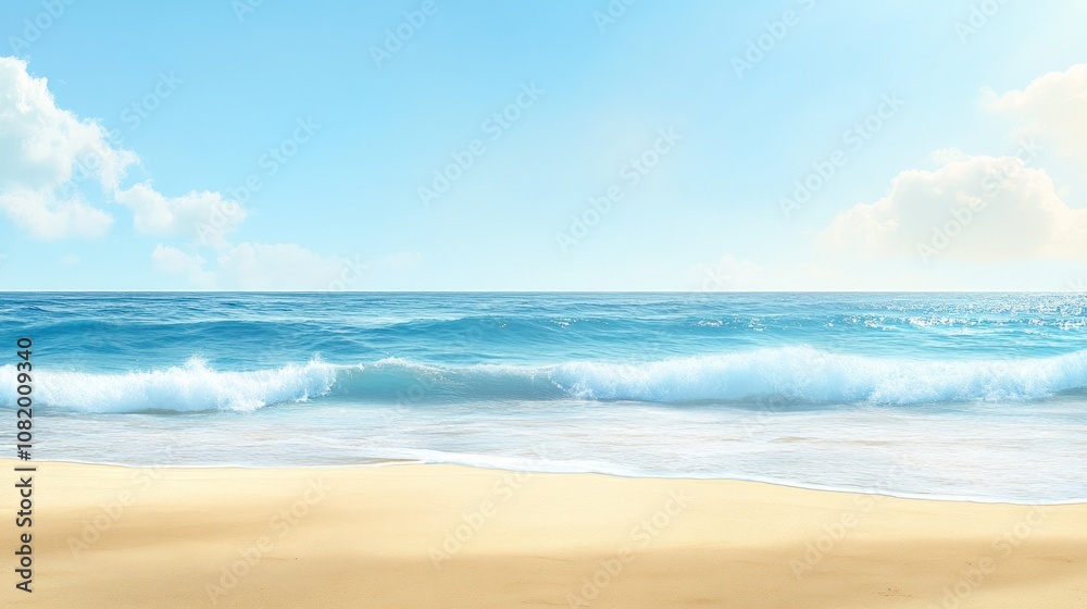 Serene beach scene with calm waves and clear blue sky. Serene beach scene with calm waves and clear blue sky.