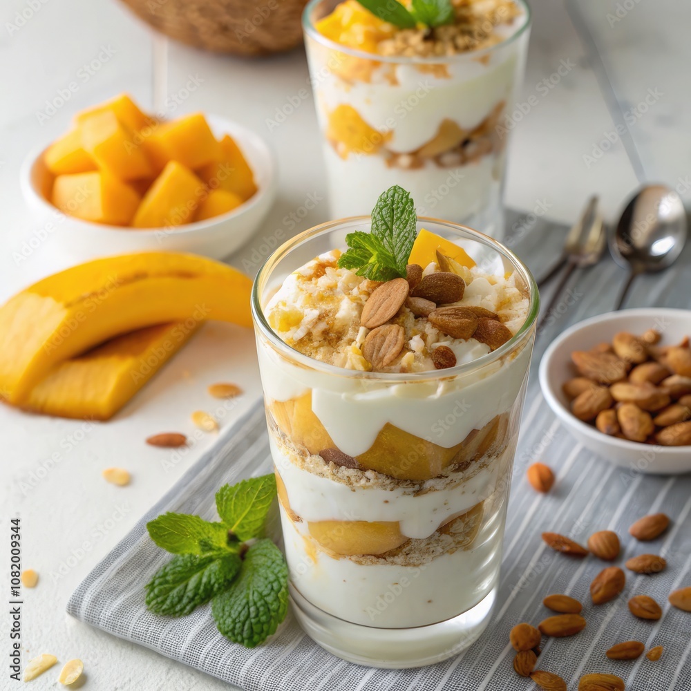 Refreshing Mango Almond Parfait Layered With Cream and Nuts in a Bright Setting. Generative AI Refreshing Mango Almond Parfait Layered With Cream and Nuts in a Bright Setting. Generative AI