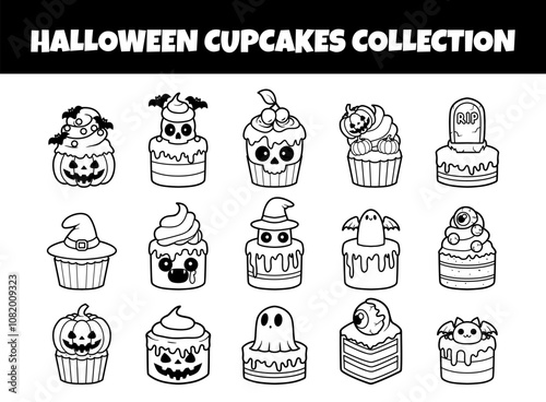 Halloween cupcakes outline sketch vector illustration set