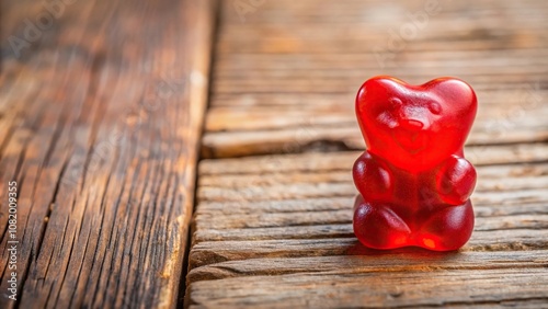 Close-up of gummy bear with red heart on wooden surface for Valentine's Day