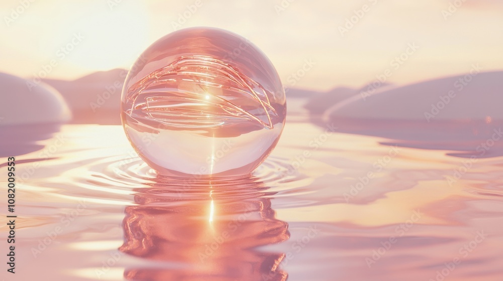 Reflective Sphere on Serene Water Surface at Sunrise Reflective Sphere on Serene Water Surface at Sunrise