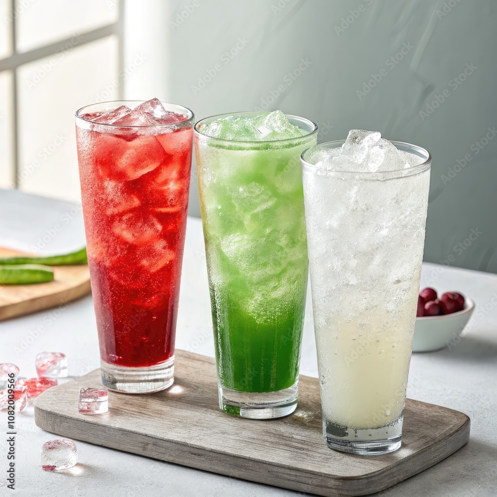 Refreshing Three Varieties of Iced Coconut Drinks in Vibrant Colors at a Café. Generative AI Refreshing Three Varieties of Iced Coconut Drinks in Vibrant Colors at a Café. Generative AI