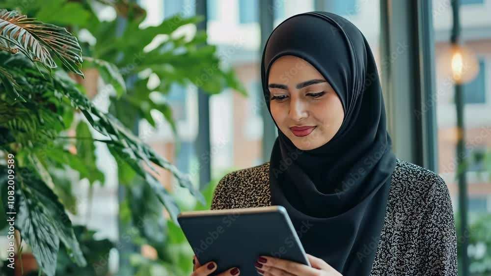 A woman wearing a black head scarf is looking at a tablet A woman wearing a black head scarf is looking at a tablet