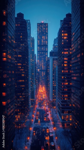 A long, narrow street lined with towering skyscrapers, illuminated by streetlights and the glow of office windows, creating a sense of urban grandeur and mystery.