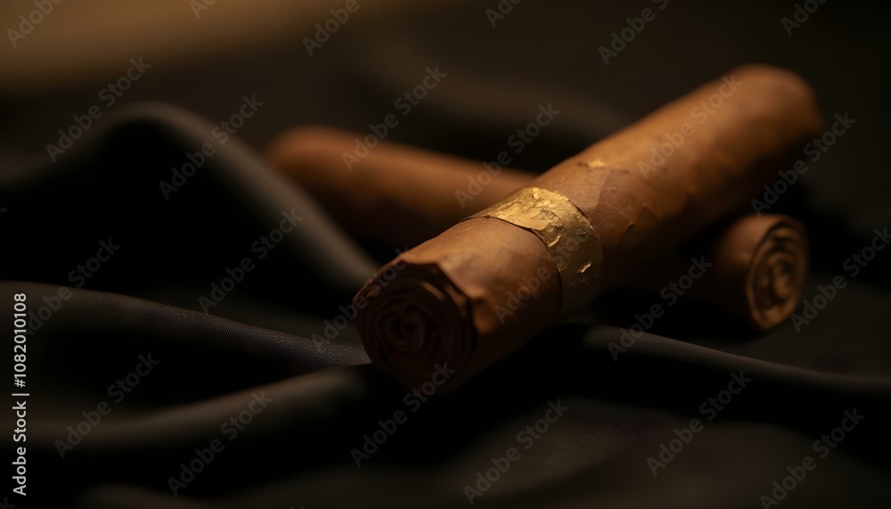 Fototapeta premium cigar with a tightly rolled body, placed on a black satin cloth, with faint reflections enhancing its shape create with ai