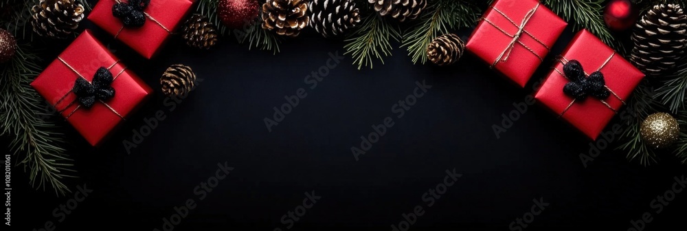 Fototapeta premium Christmast border with gift and decoration on black background wit copy space. Decorated border for winter holidays.