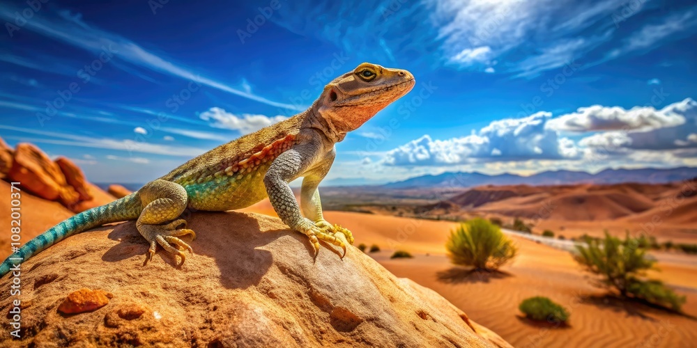 Fototapeta premium Lizards thrive in the arid deserts of the United States, showcasing remarkable adaptations. Their vibrant colors and unique behaviors captivate wildlife enthusiasts and nature lovers alike.