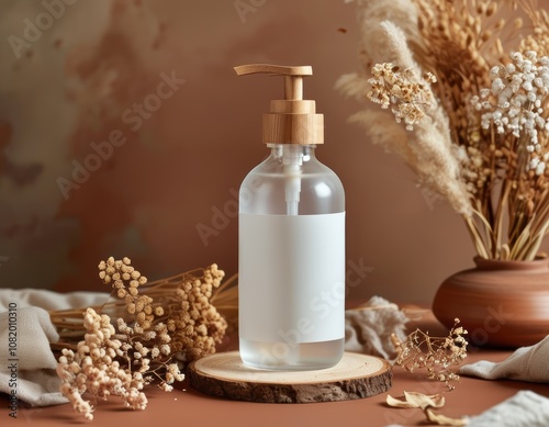 Stylish glass soap dispenser surrounded by dried flowers on a wooden surface, perfect for modern decor. photo