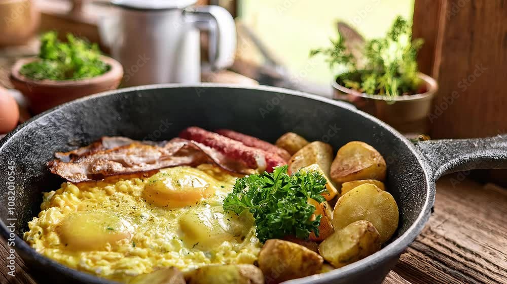 Delicious rustic country breakfast with fried eggs, bacon, sausage and potatoes Delicious rustic country breakfast with fried eggs, bacon, sausage and potatoes