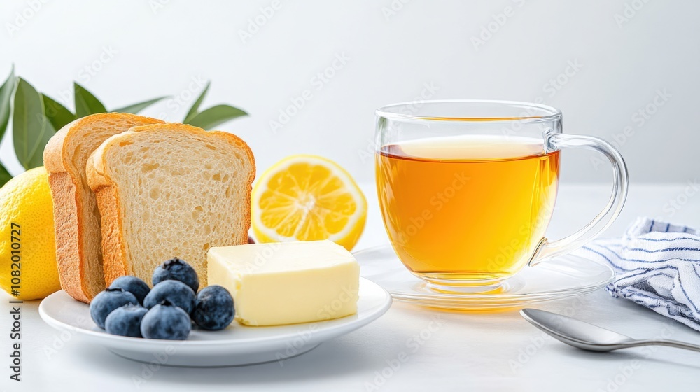Healthy Morning Breakfast with Sliced Bread, Fresh Blueberries, and Herbal Tea Healthy Morning Breakfast with Sliced Bread, Fresh Blueberries, and Herbal Tea