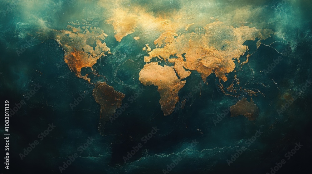 Abstract world map with global dataflow visualization for technological insights