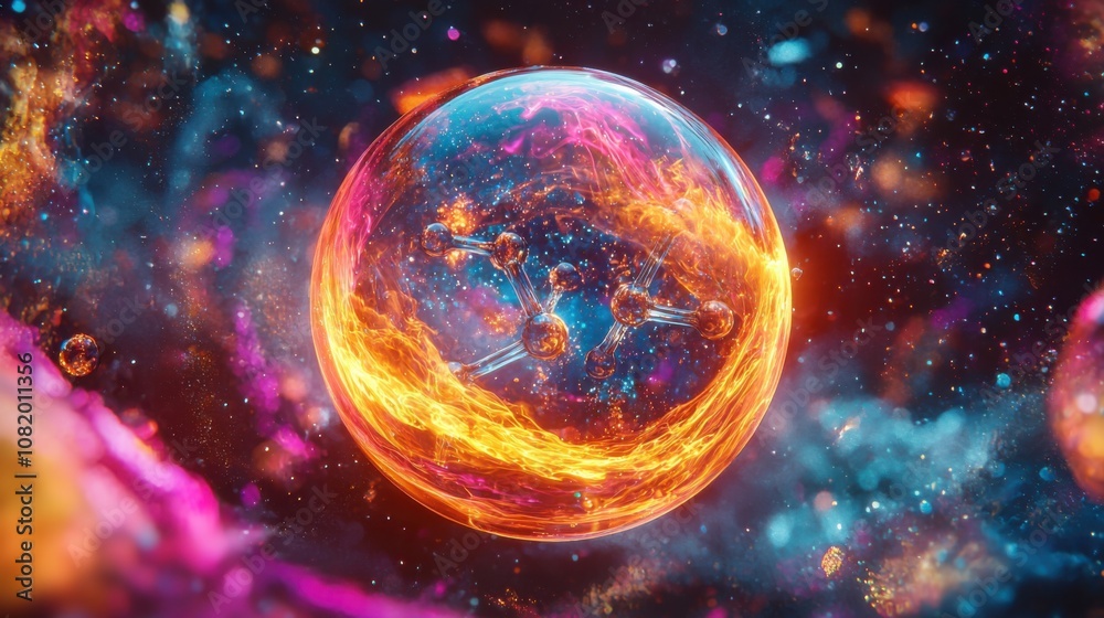 Vibrant Cosmic Sphere with Molecular Structure Visualization Vibrant Cosmic Sphere with Molecular Structure Visualization