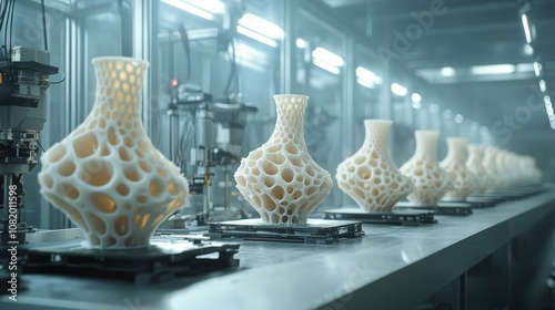 3D printers manufacturing mechanical parts in a futuristic workshop, layers forming intricate designs, advanced industrial innovation