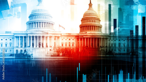 A stylized image of a famous government building, layered with vibrant colors and abstract data graphics, symbolizing politics and economics.