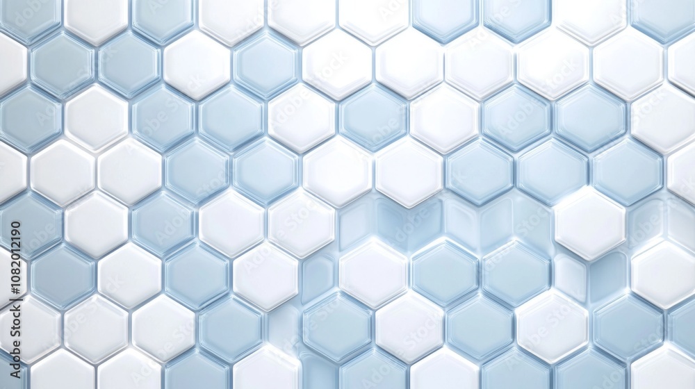 Modern Hexagon Tile Pattern in Soft Blue and White Shades, Featuring Glossy Surface, Ideal for Contemporary Designs, Backgrounds, and Interior Decor Projects