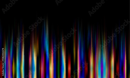 Abstract halftone dotted digital technology wide background with futuristic neon light and faded effect. Cyberpunk and retrowave design for technology