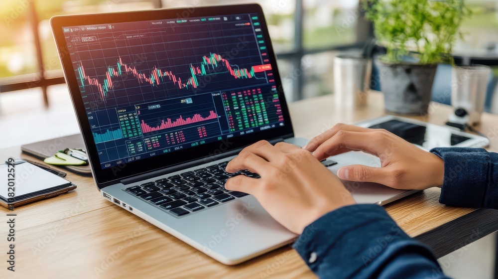 Hands Typing on Laptop with Stock Market Analysis Displayed on Screen, Featuring Charts and Data in a Modern Office Environment with Natural Light
