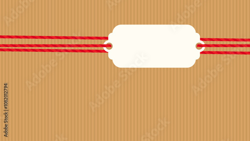 Flat striped craft background, gift tied up with cotton red rope bakers twine ribbon with blank kraft paper tag. Packing string for present, pastry box for New Year, Christmas. Vector EPS10