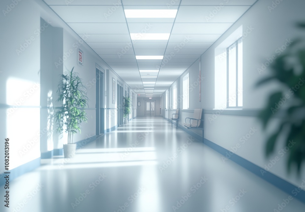Bright and Spacious Hospital Corridor with Natural Light and Minimalist Design Highlighting Cleanliness and Calmness in Medical Environment Bright and Spacious Hospital Corridor with Natural Light and Minimalist Design Highlighting Cleanliness and Calmness in Medical Environment