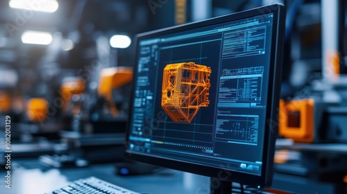 Close-up of 3D modeling software on a computer screen showcasing product prototypes, vibrant industrial design process, high-tech environment