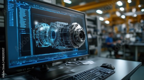 Close-up of 3D modeling software on a computer screen showcasing product prototypes, vibrant industrial design process, high-tech environment