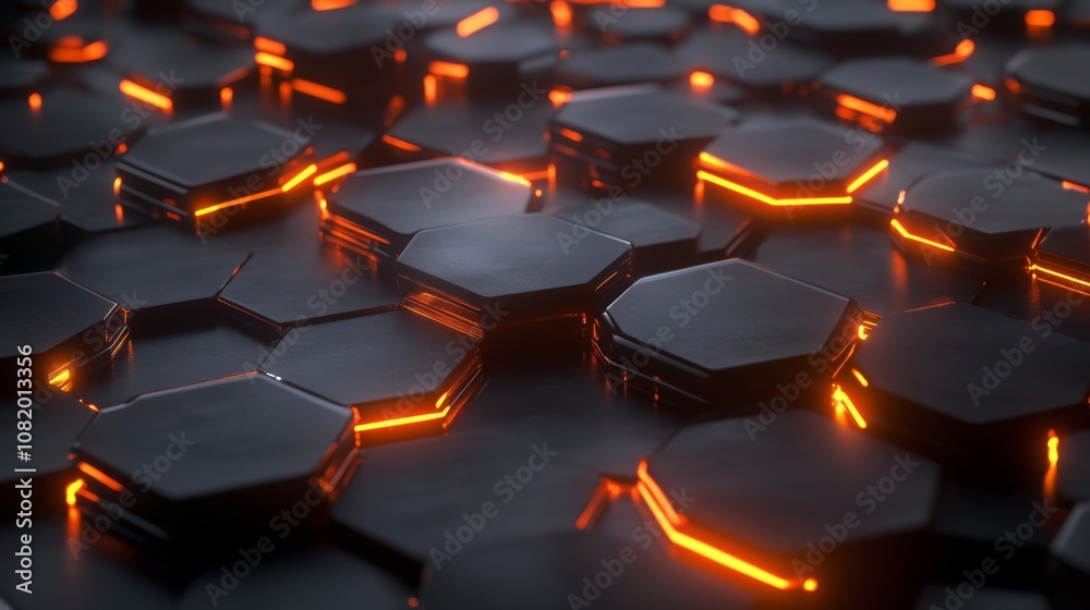 Fototapeta premium Futuristic Hexagonal Surface with Glowing Orange Lines in a Dark Setting Ideal for Technology and Digital Backgrounds
