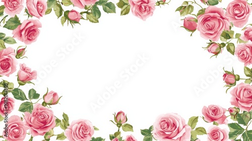 A frame of pink roses on a white background, a Valentine's Day concept, a love theme
