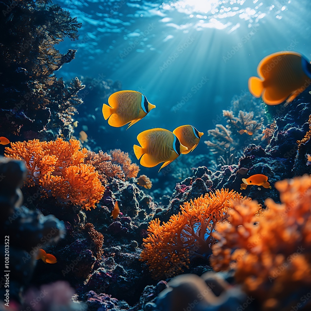 Fototapeta premium Underwater scene alive with clownfish among a vibrant coral reef picture