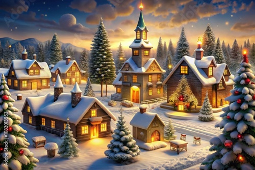 a christmas card with a house and a snow covered mountain in the background