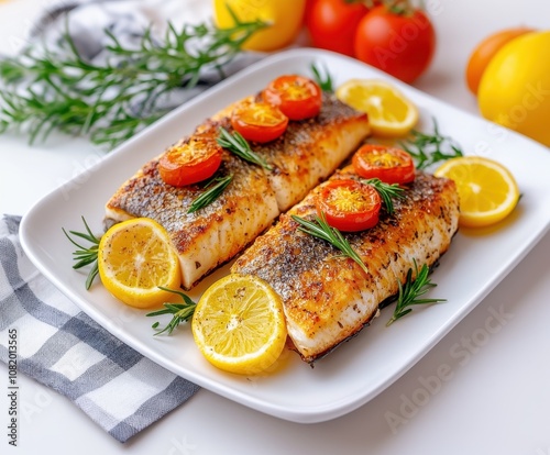 Baked fish fillet decorated with lemon slices, rosemary and cherry tomatoes is served on a white platter. Bright colors and fresh ingredients create a healthy and mouthwatering dish.