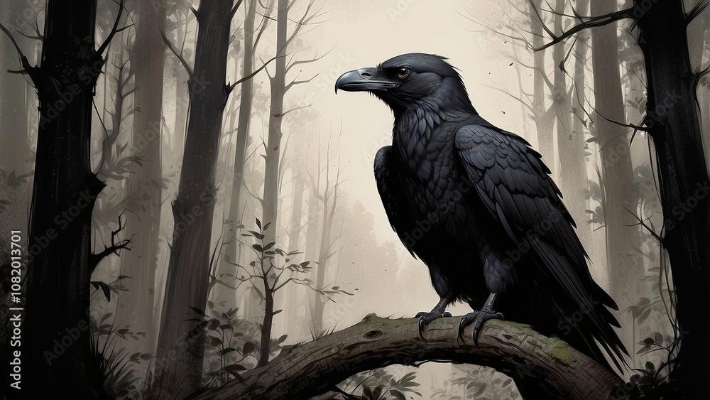 Fototapeta premium Illustration of a black raven sitting on a branch in the woods 