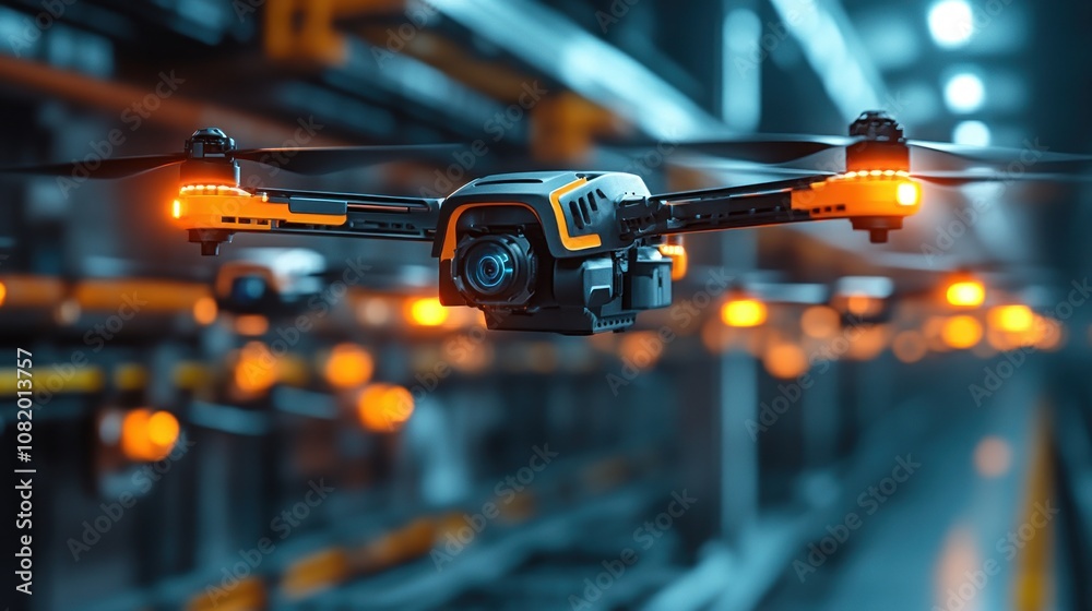 Drone fleet being programmed in an industrial hub technicians setting controls, sleek drone designs, futuristic industrial environment, vibrant colors Drone fleet being programmed in an industrial hub technicians setting controls, sleek drone designs, futuristic industrial environment, vibrant colors