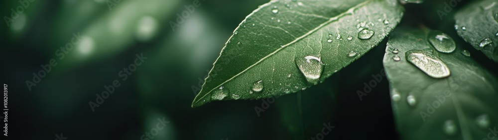 Close-up View of Fresh Green Leaves Covered in Water Drops, Showcasing Nature's Beauty and the Vibrancy of Natural Elements in a Serene Environment