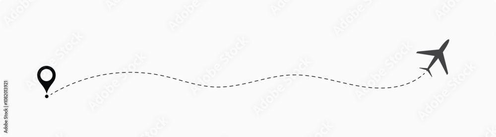 airplane travel straight and dotted path and location pin icon. start point and dash line trace for plane isolated vector illustration EPS 10 858