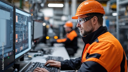 Engineers working with advanced automation and robotics in a digitally transformed factory